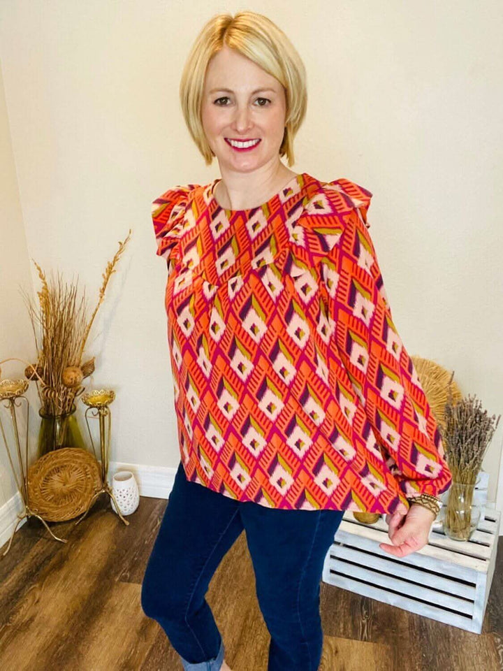 Geometric Long Sleeve Shirt with Ruffles - Lolo Viv Boutique