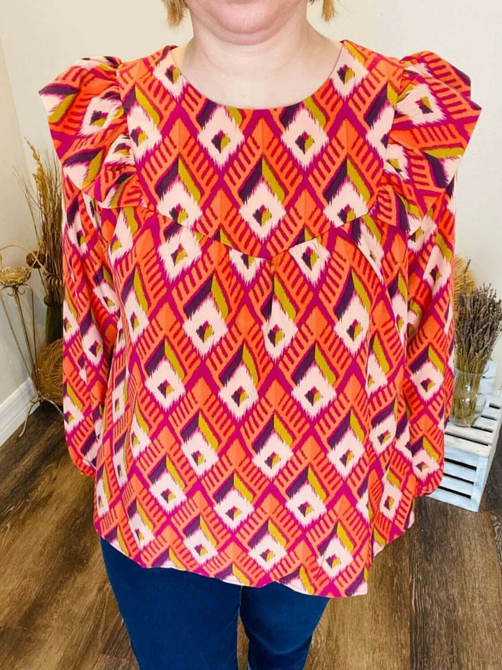 Geometric Long Sleeve Shirt with Ruffles - Lolo Viv Boutique