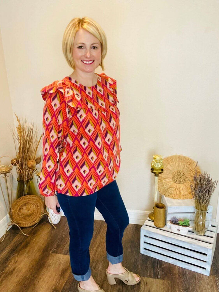 Geometric Long Sleeve Shirt with Ruffles - Lolo Viv Boutique