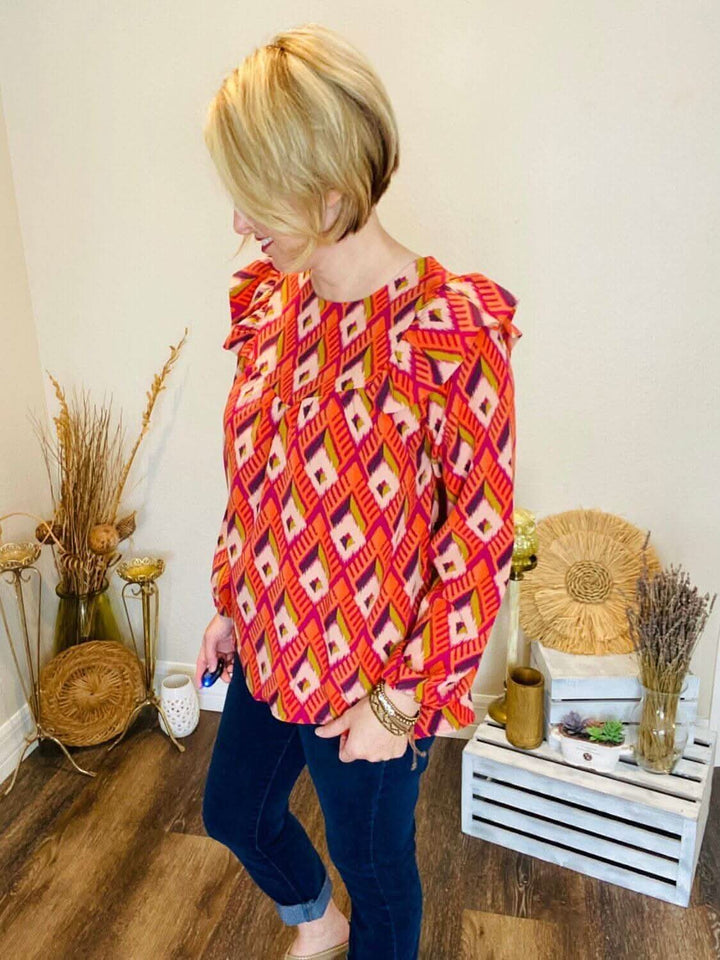 Geometric Long Sleeve Shirt with Ruffles - Lolo Viv Boutique