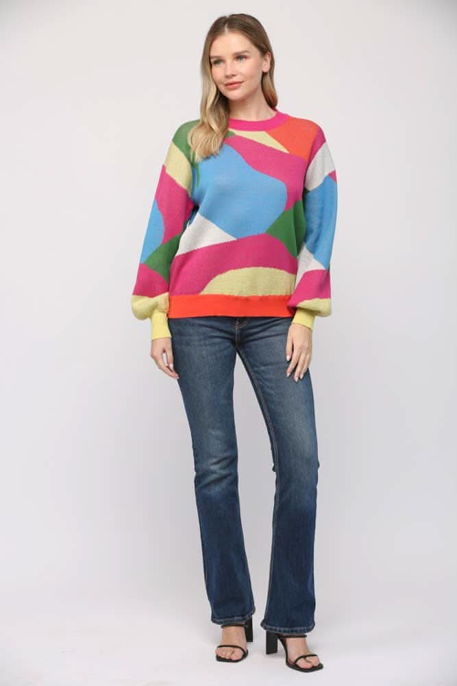 Geometric Pattern Drop Shoulder Sweater - Lolo Viv Boutique
