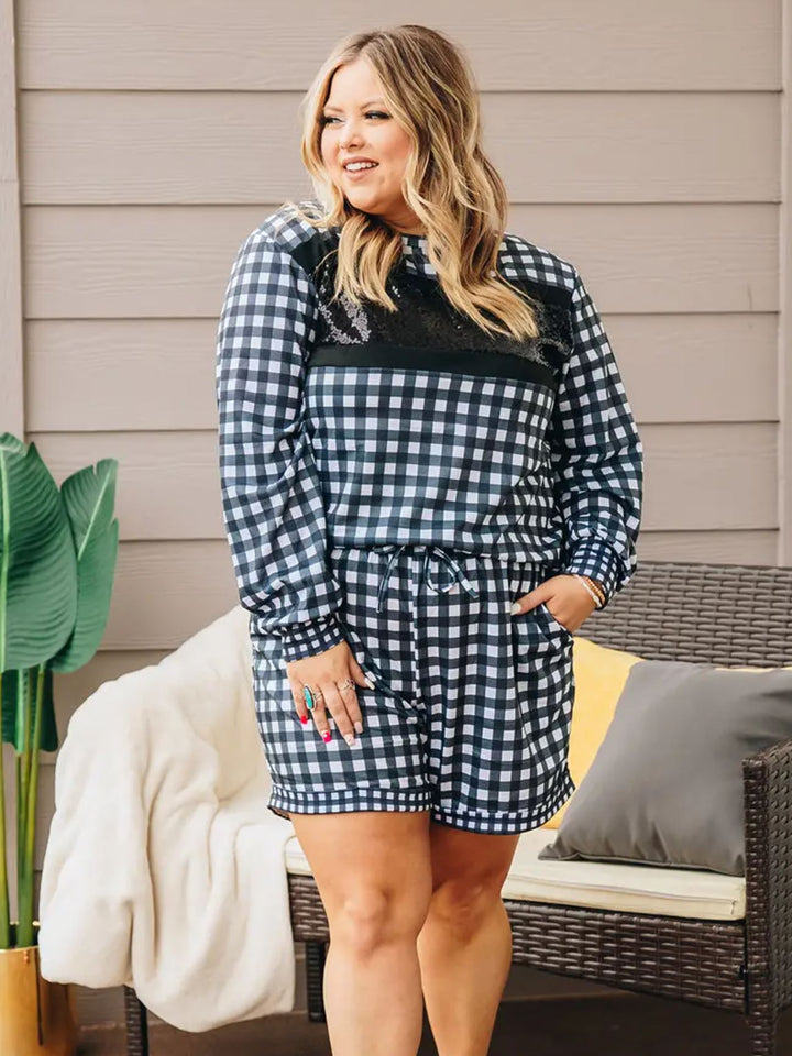 Stylin in Gingham Loungewear Set with Shorts and Sequins