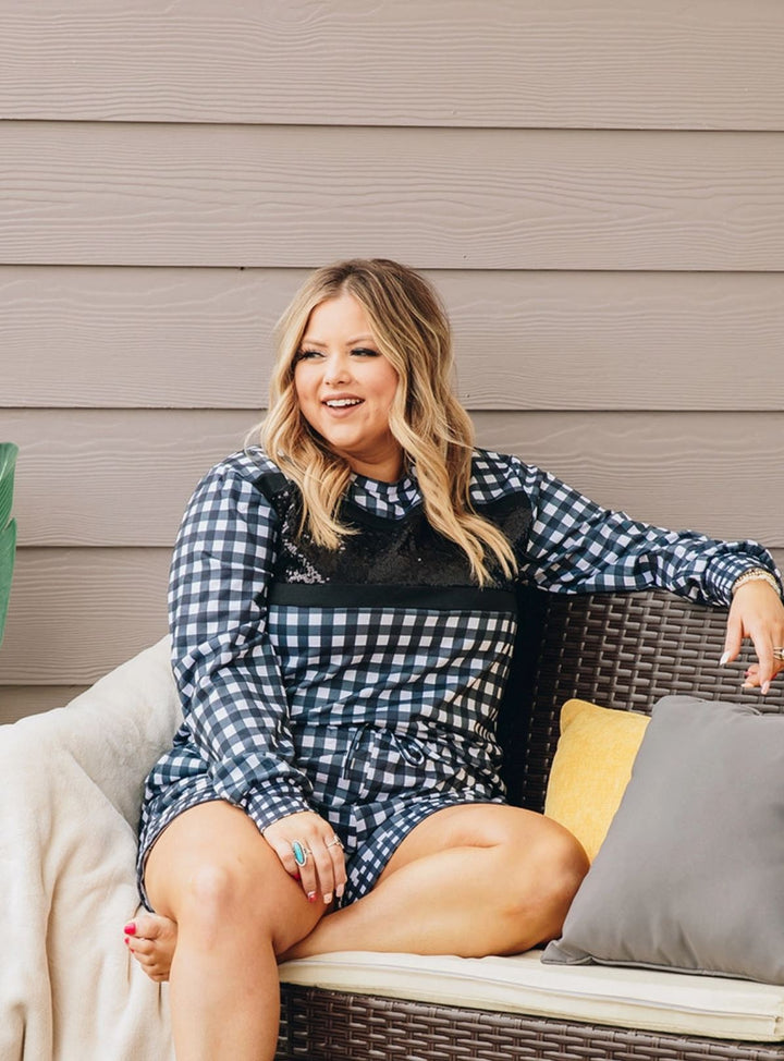 Stylin in Gingham Loungewear Set with Shorts and Sequins