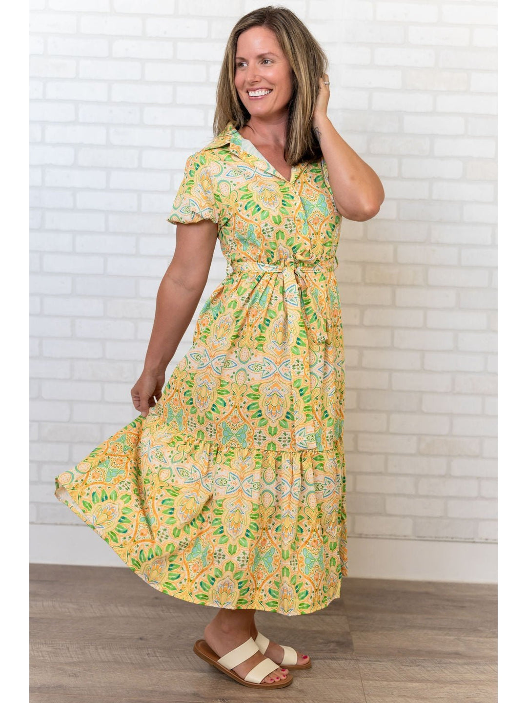 Green and Yellow Floral Print Short Sleeve Dress with Tie - Lolo Viv Boutique