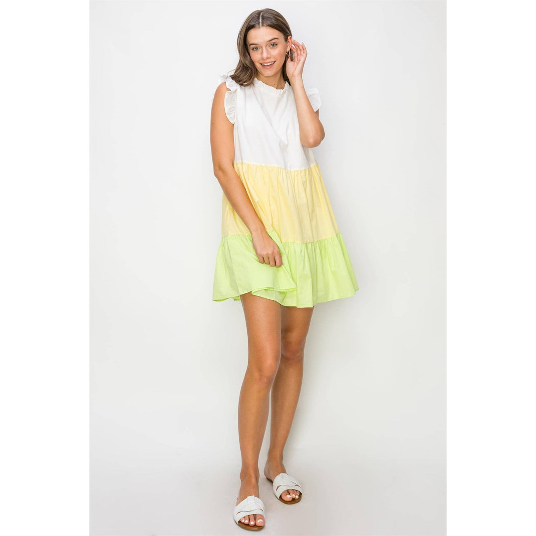 Green and Yellow Poplin Color Block Mini Dress - Lolo Viv Boutique