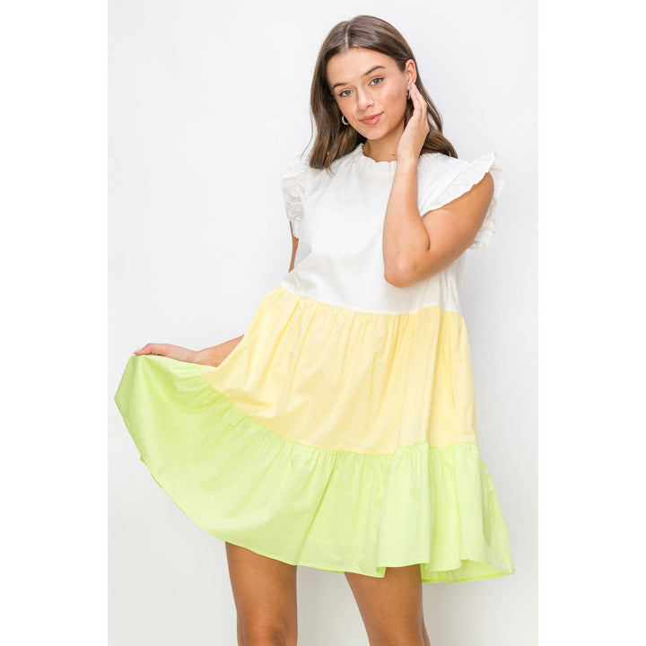 Green and Yellow Poplin Color Block Mini Dress - Lolo Viv Boutique