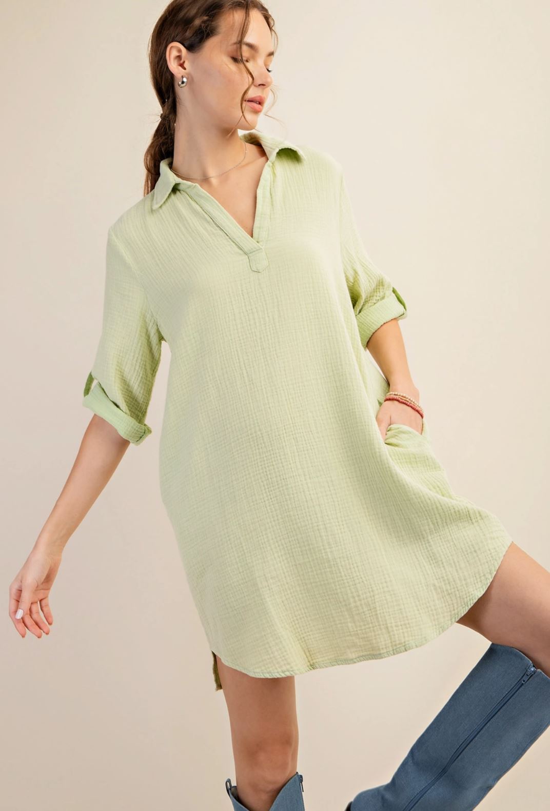 Green Mineral Washed Shirt Dress - Lolo Viv Boutique