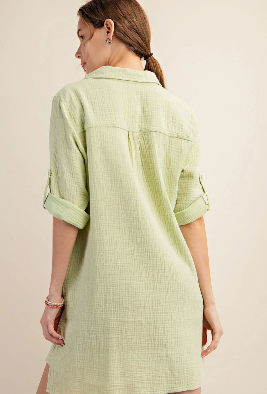 Green Mineral Washed Shirt Dress - S / GREEN Green Mineral Washed Shirt Dress - S / GREEN