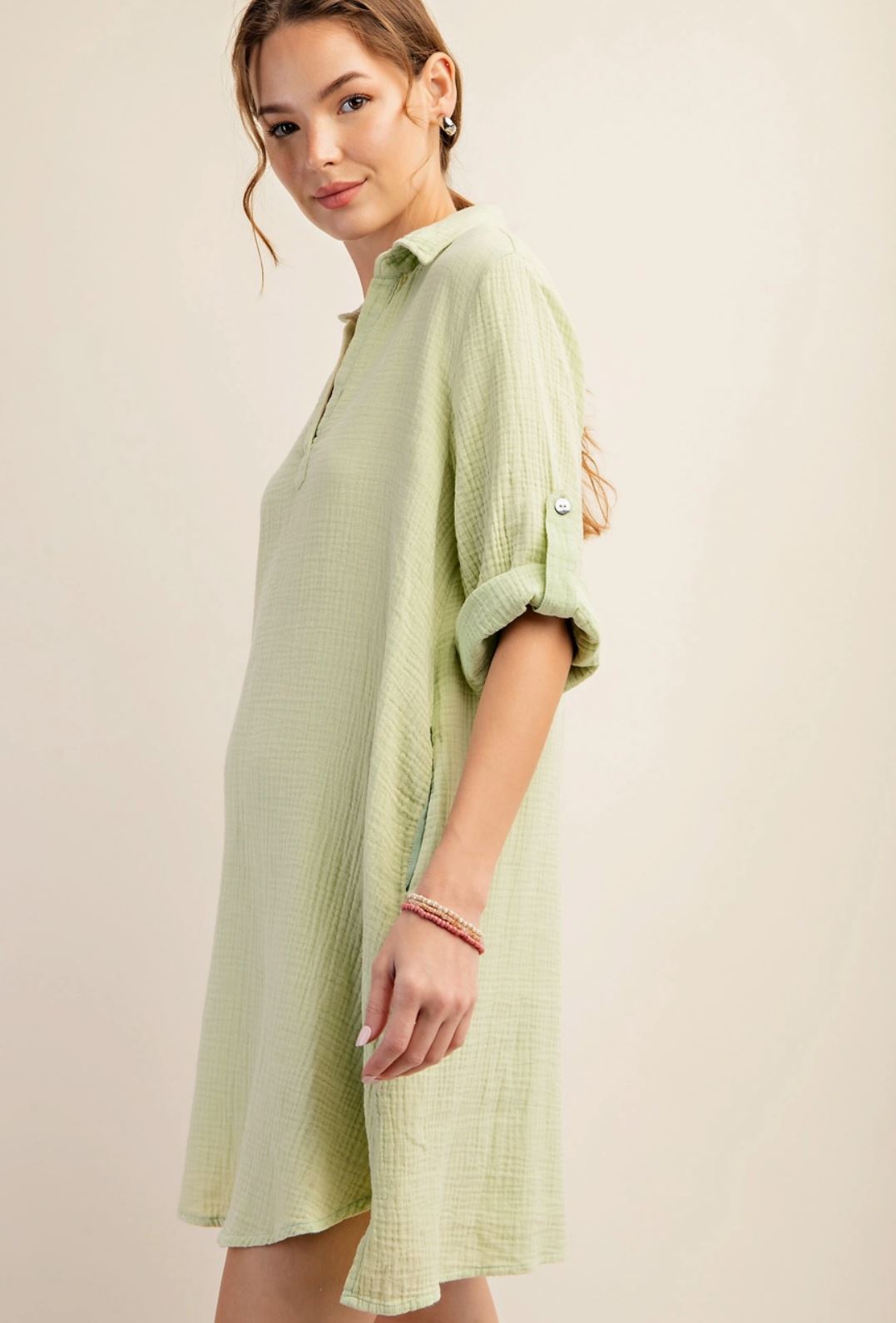 Green Mineral Washed Shirt Dress - Lolo Viv Boutique