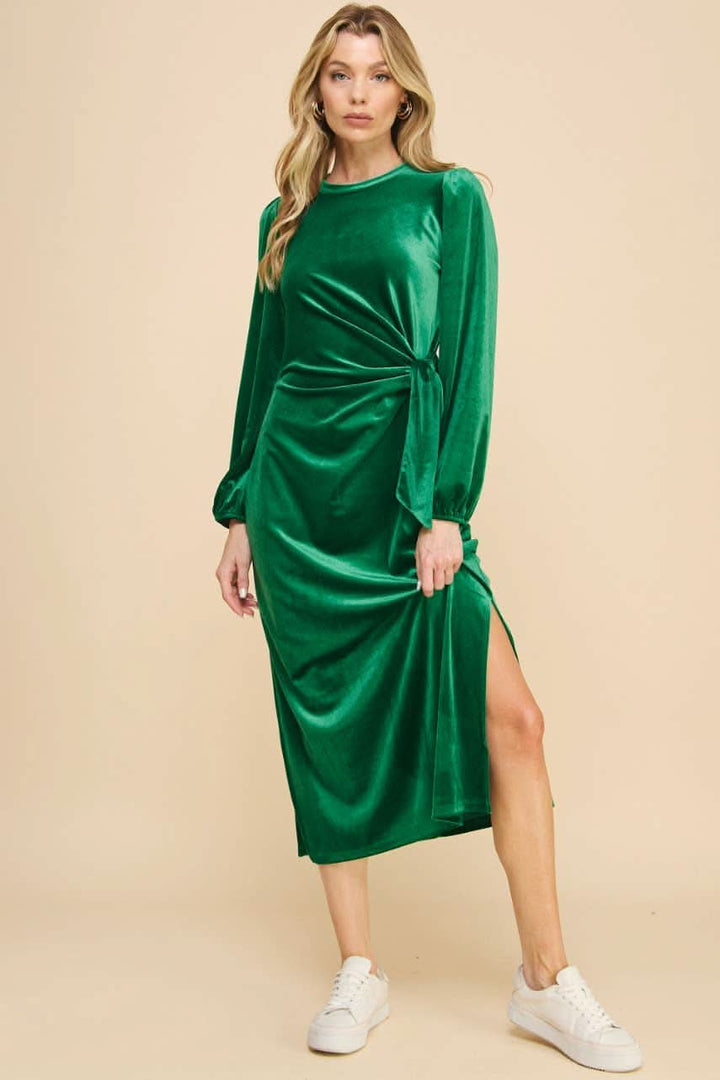 Green Velvet Midi Dress with Knot Detail - Lolo Viv Boutique