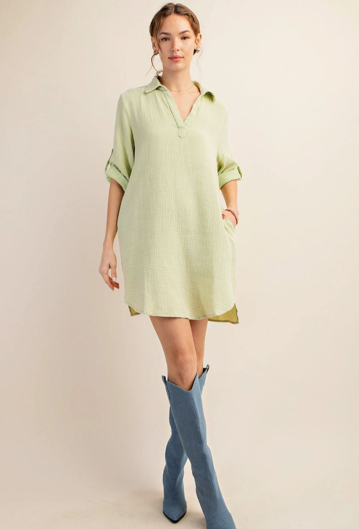 Green Mineral Washed Shirt Dress