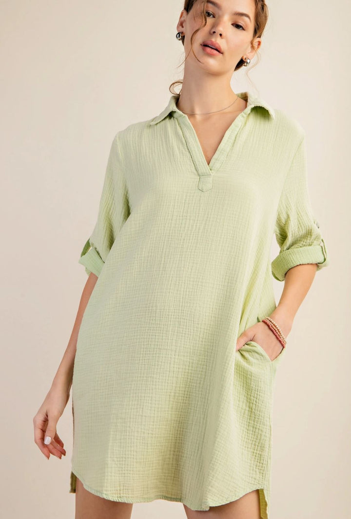 Green Mineral Washed Shirt Dress