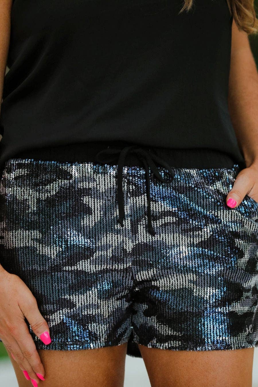 Grey Camo Sequin Shorts - Curvy - Lolo Viv Boutique