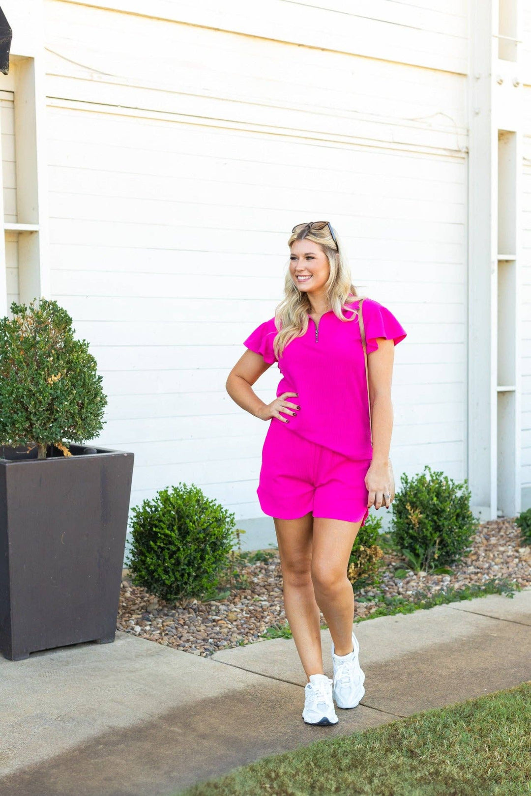 Hot Pink Quarter Zip Set with Flutter Sleeves - Reg & Curvy - Lolo Viv Boutique