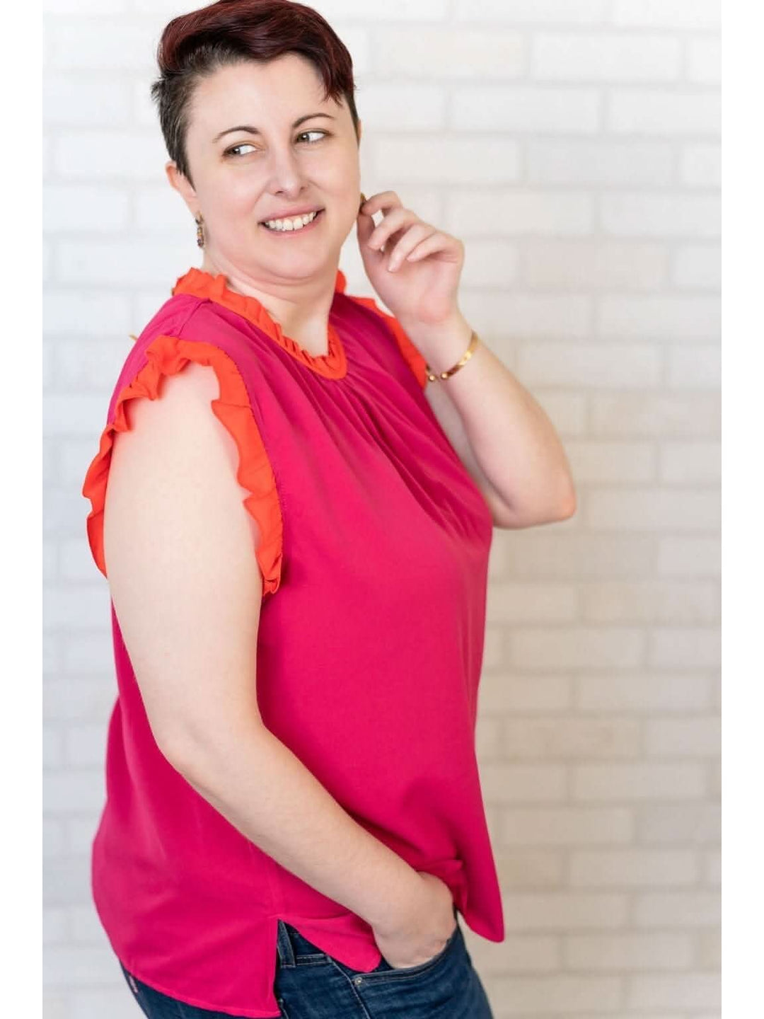 Hot Pink Top with Orange Ruffle Detail - Curvy - Lolo Viv Boutique