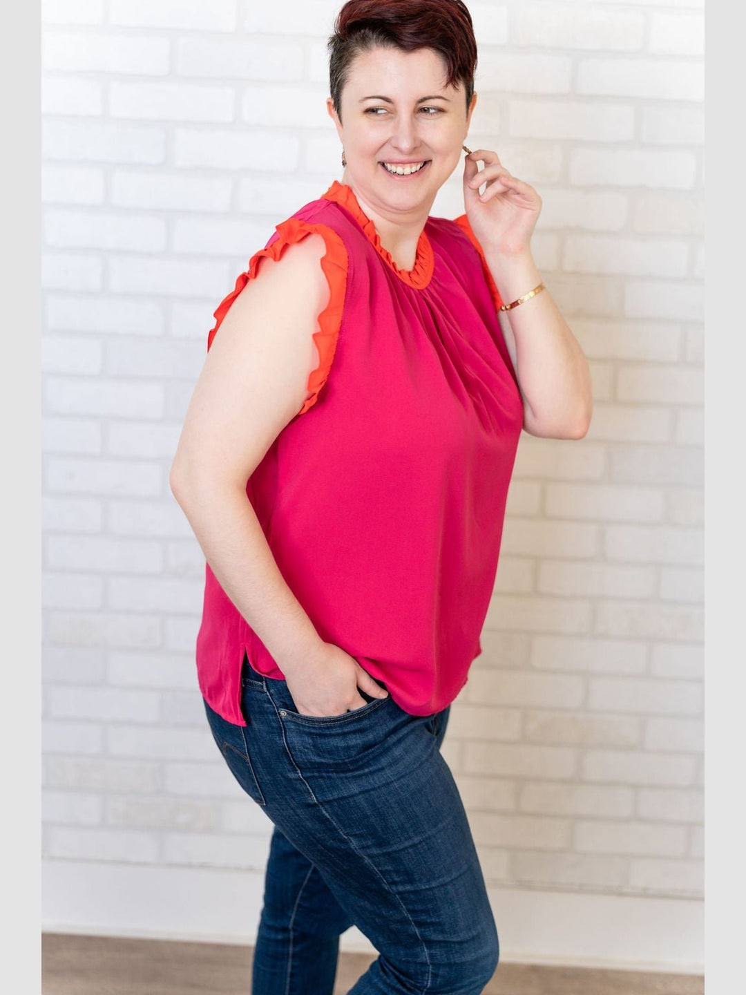 Hot Pink Top with Orange Ruffle Detail - Curvy - Lolo Viv Boutique
