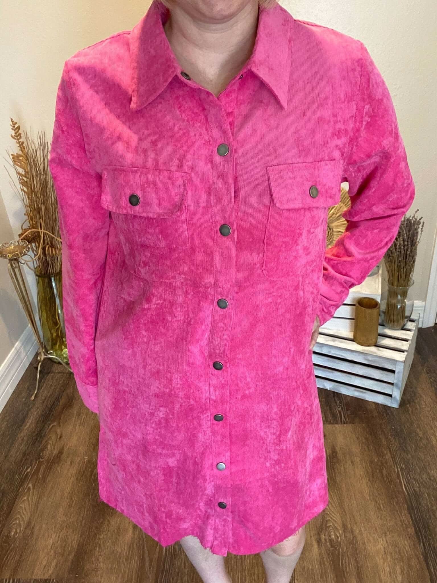 Long Sleeve Pink Corduroy Shirt Dress Fall Essential