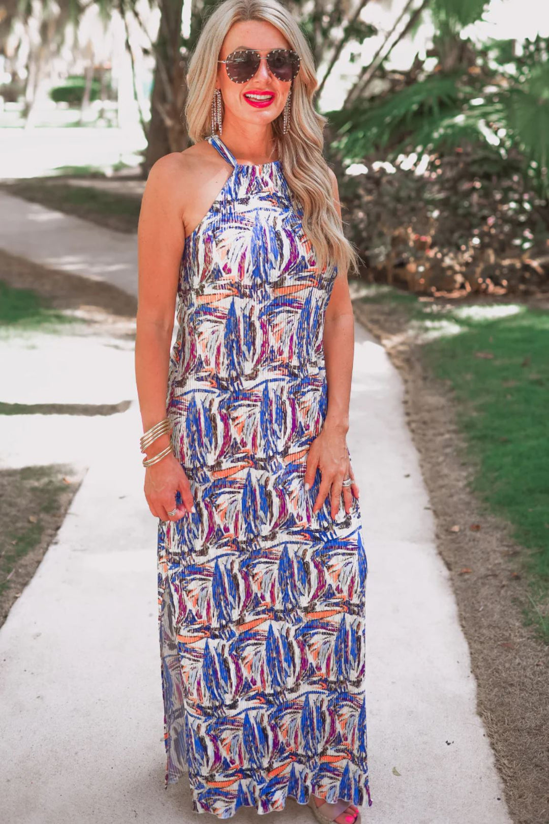 Metallic Pleated Halter Dress - Reg & Curvy - Lolo Viv Boutique