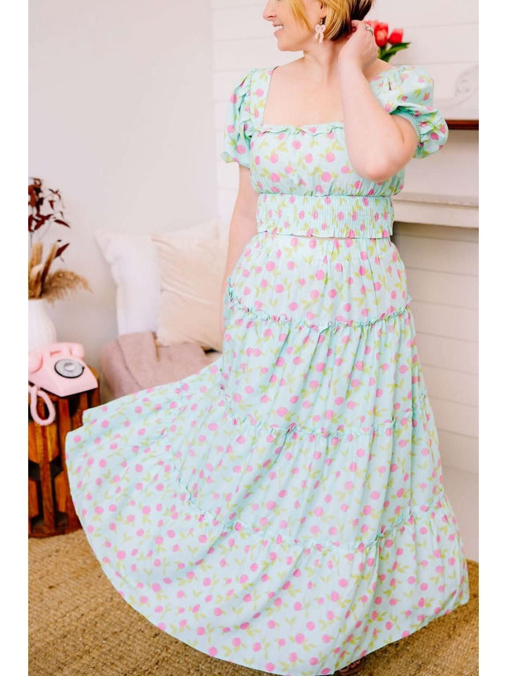 MINT COLORED FRUIT PRINT BALLOON SLEEVE CROP TOP - Lolo Viv Boutique