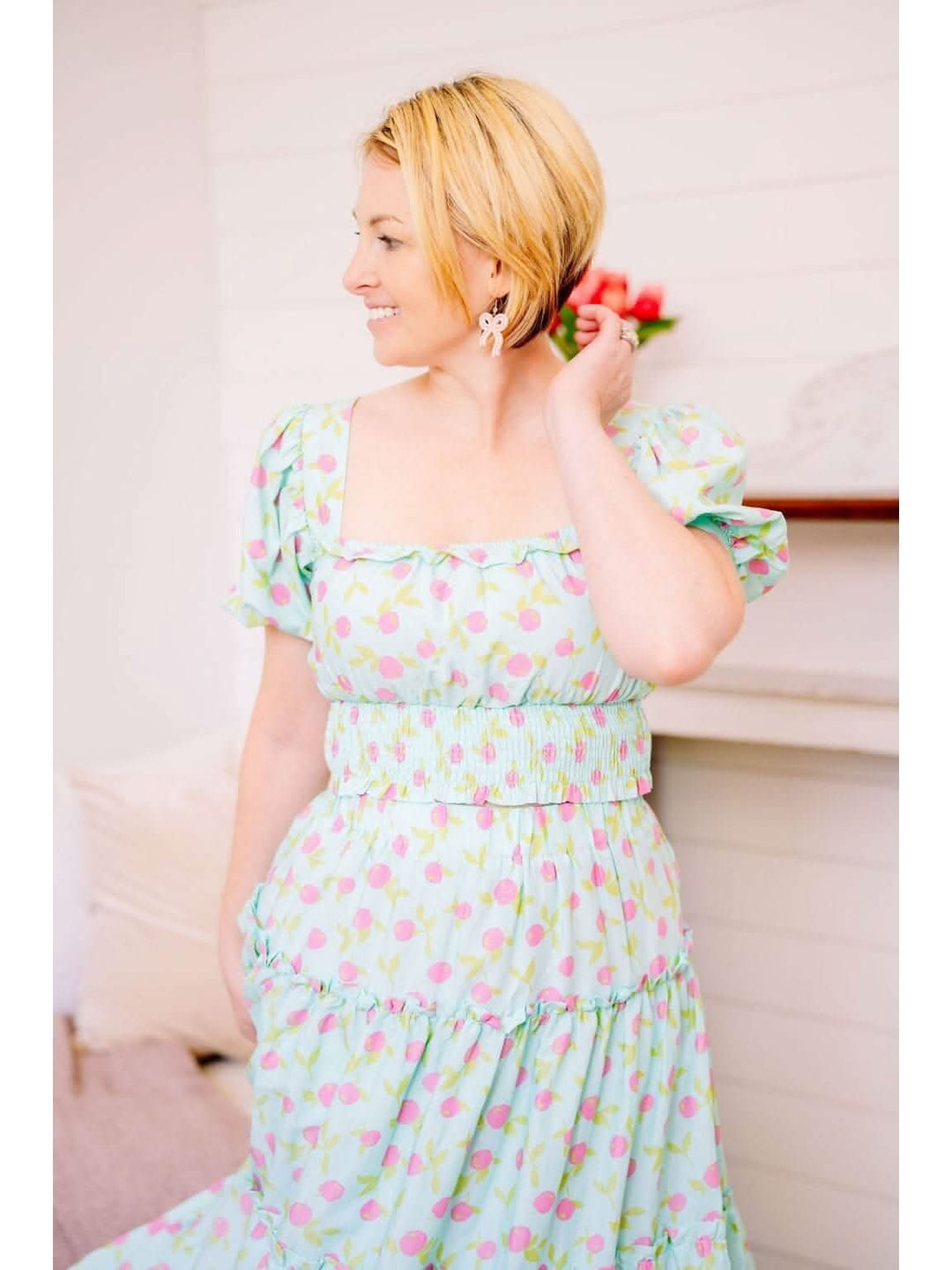 MINT COLORED FRUIT PRINT BALLOON SLEEVE CROP TOP - Lolo Viv Boutique