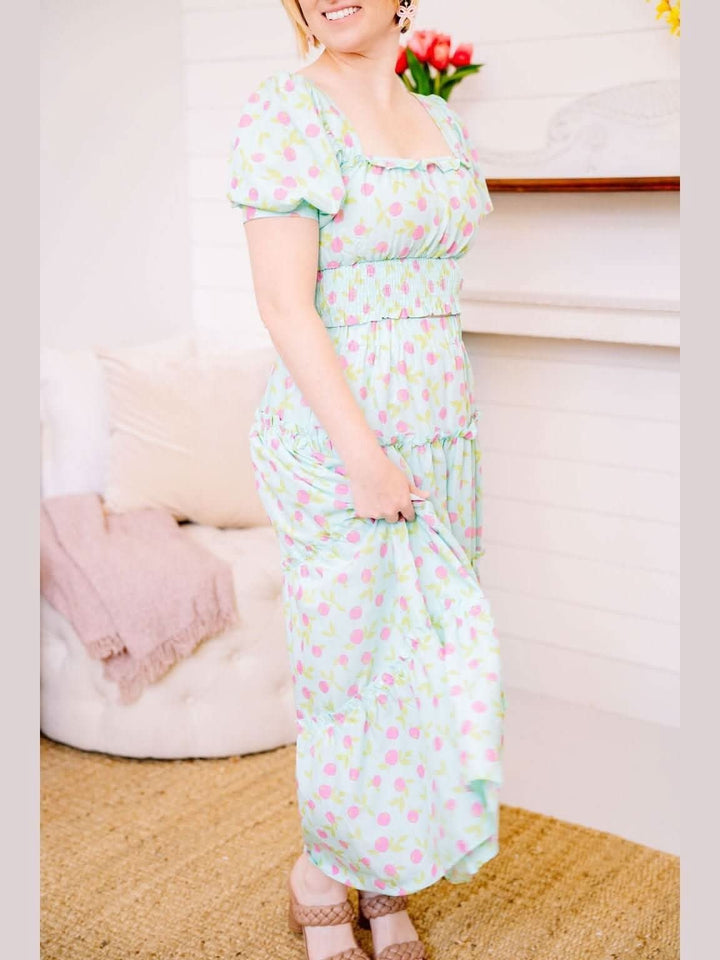 MINT COLORED FRUIT PRINT TIERED MIDI SKIRT - Lolo Viv Boutique