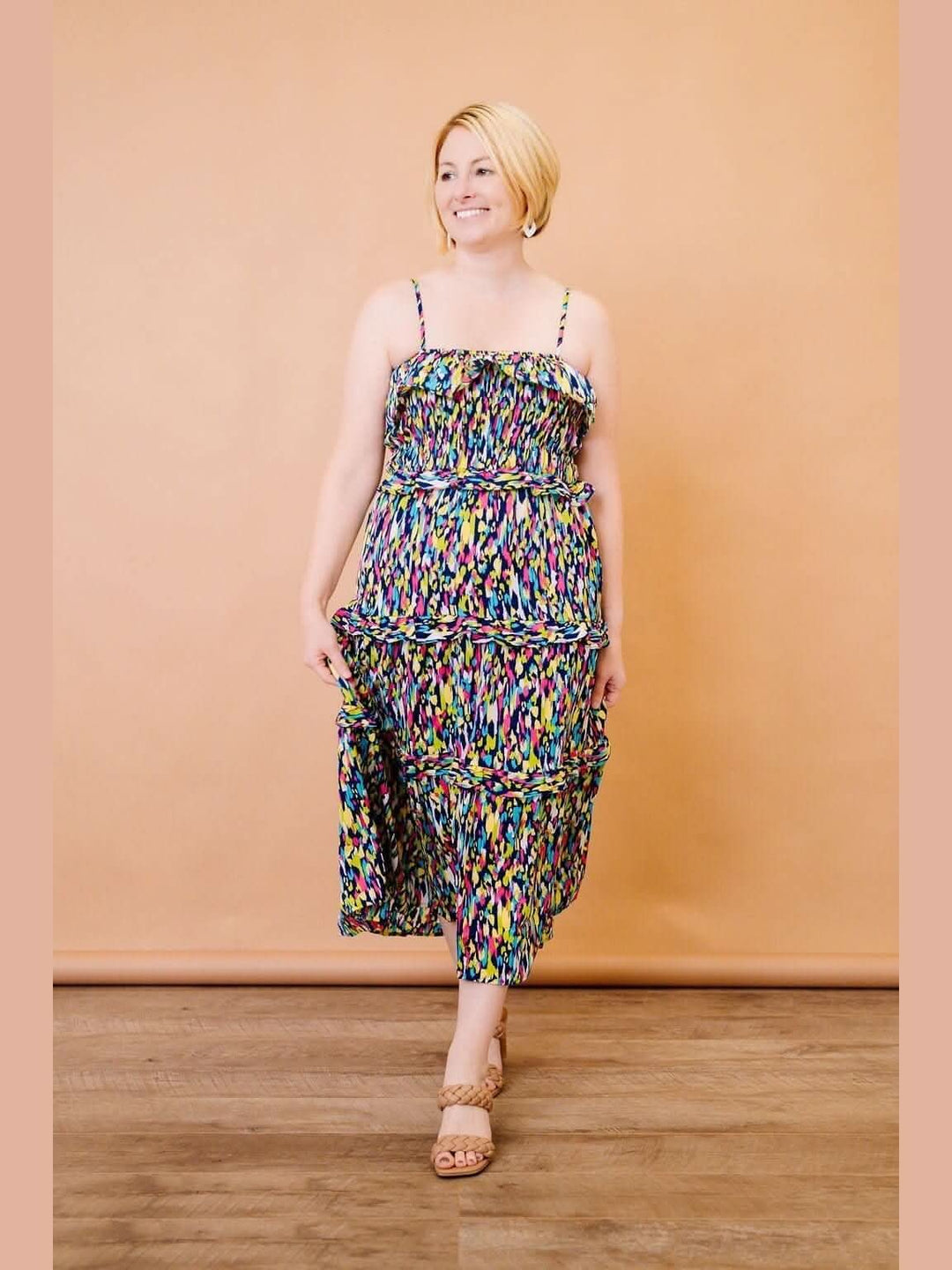 Navy Abstract Tiered Midi Dress with Flutter Neck - Lolo Viv Boutique