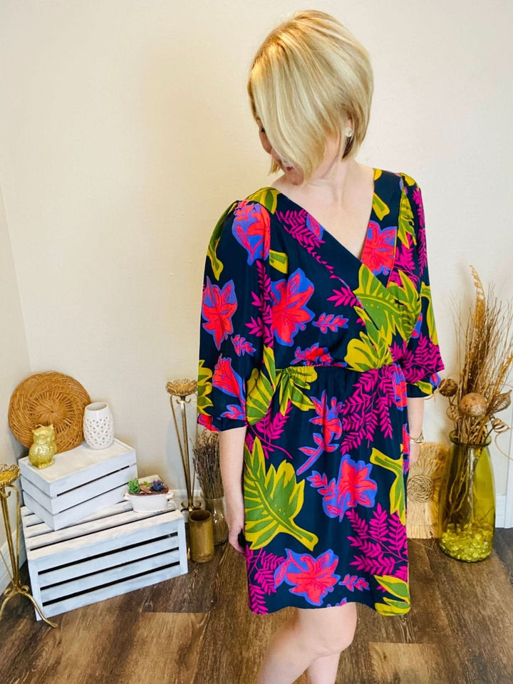 Navy V - Neck Fall Floral Dress - Lolo Viv Boutique