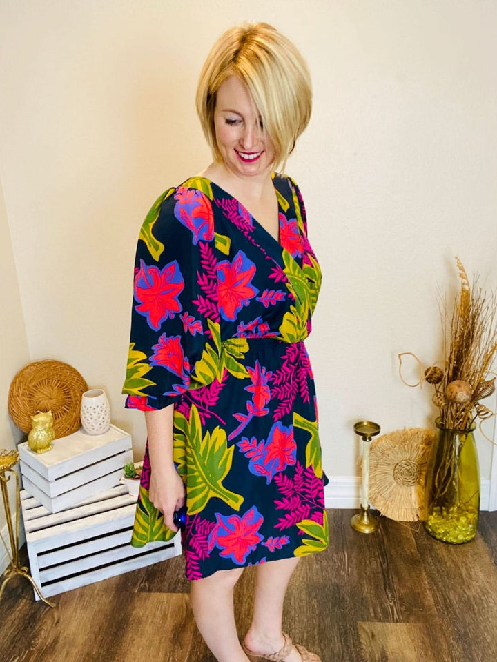 Navy V - Neck Fall Floral Dress - Lolo Viv Boutique