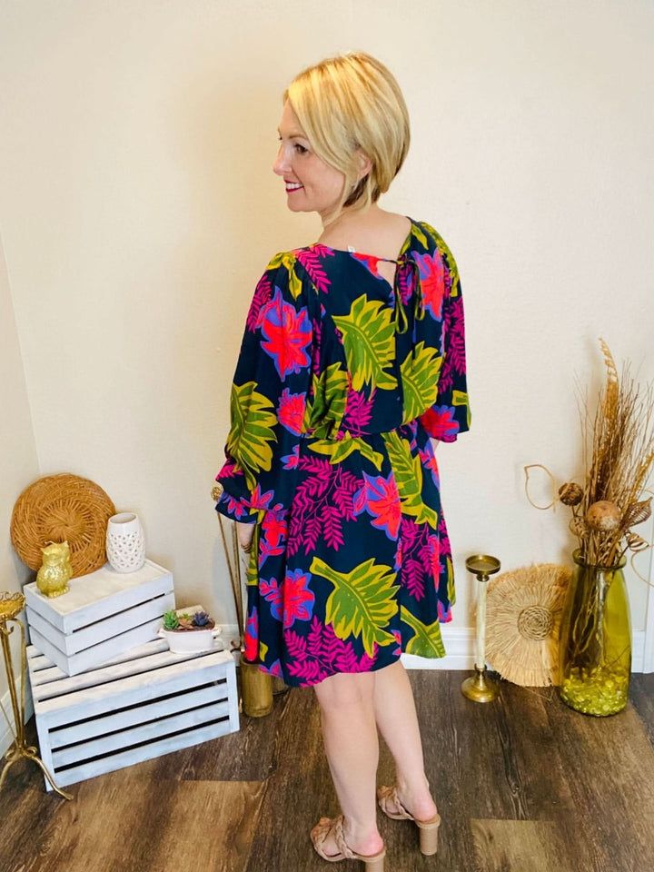 Navy V - Neck Fall Floral Dress - Lolo Viv Boutique