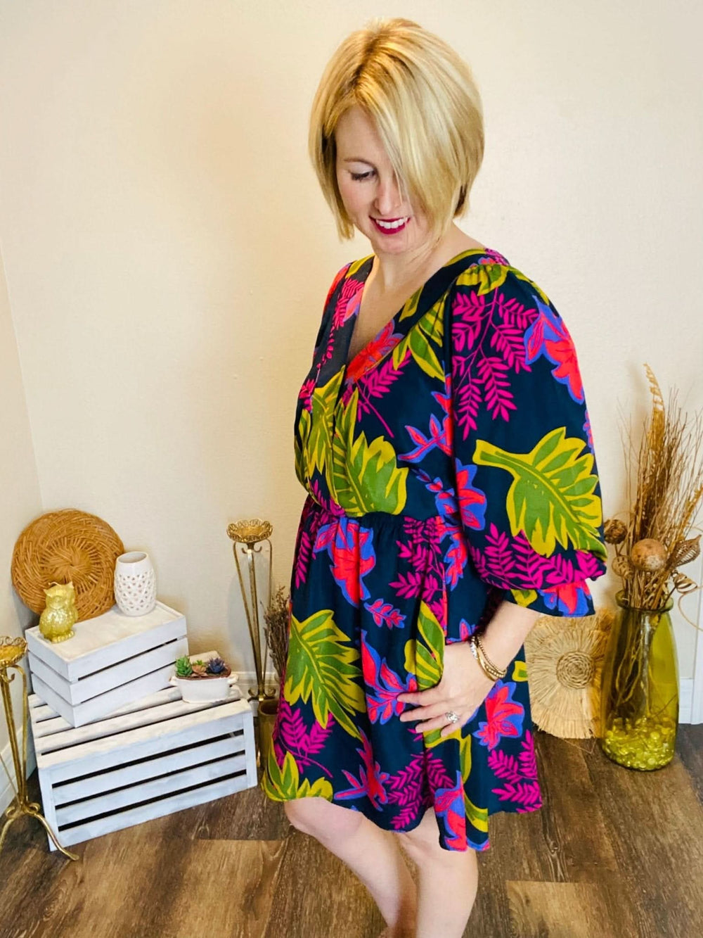 Navy V - Neck Fall Floral Dress - Lolo Viv Boutique