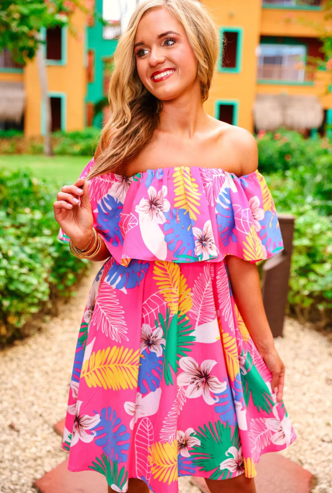 Vibrant Off the Shoulder Tropical Dress