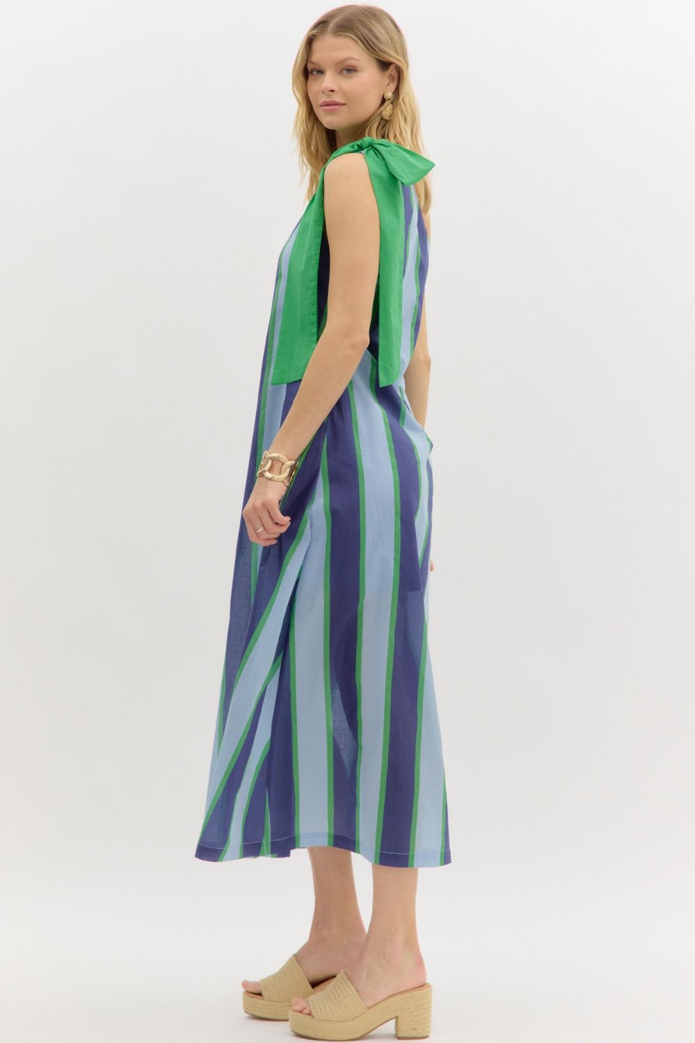 One Shoulder Blue & Green Striped Dress - Lolo Viv Boutique