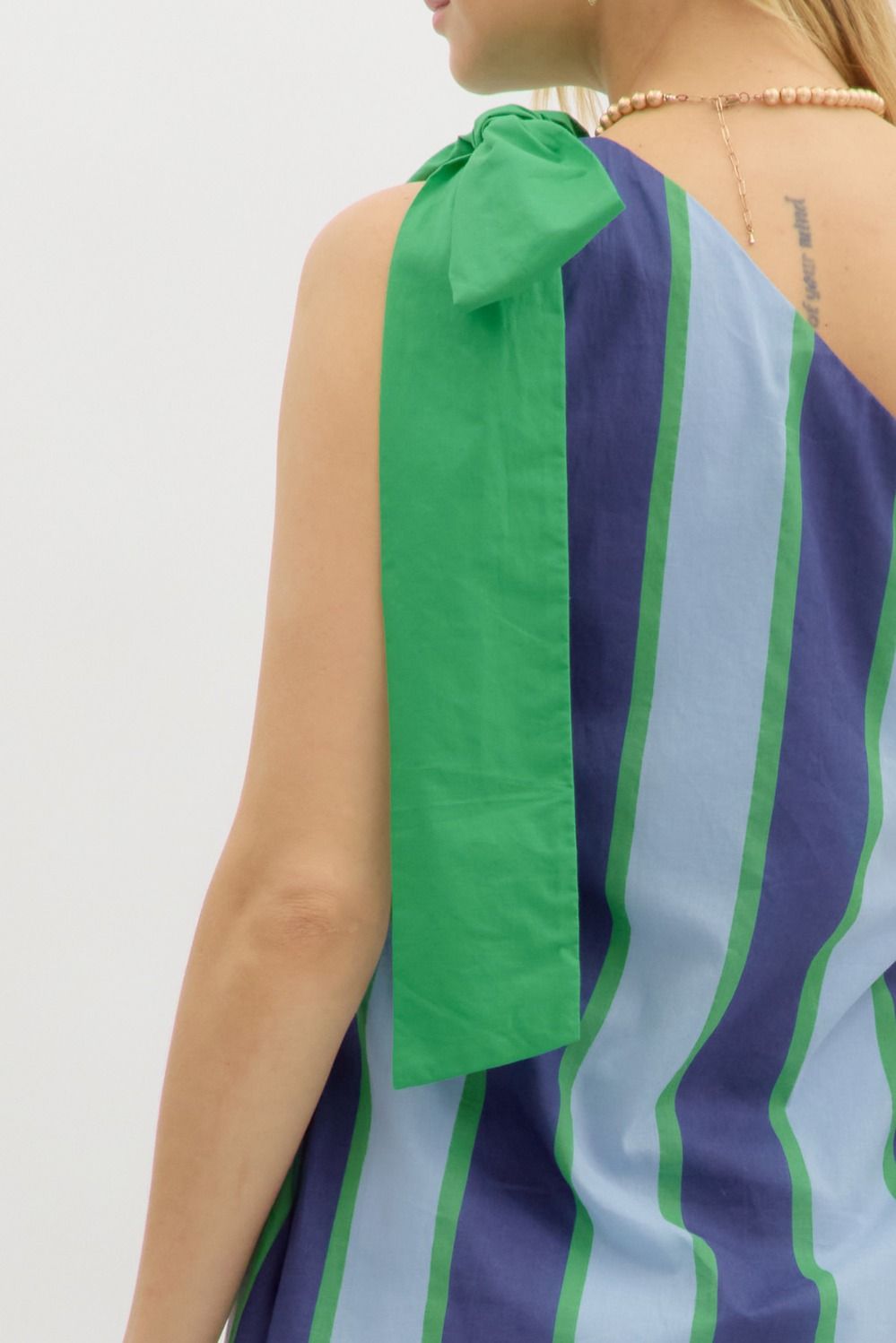 One Shoulder Blue & Green Striped Dress - Lolo Viv Boutique