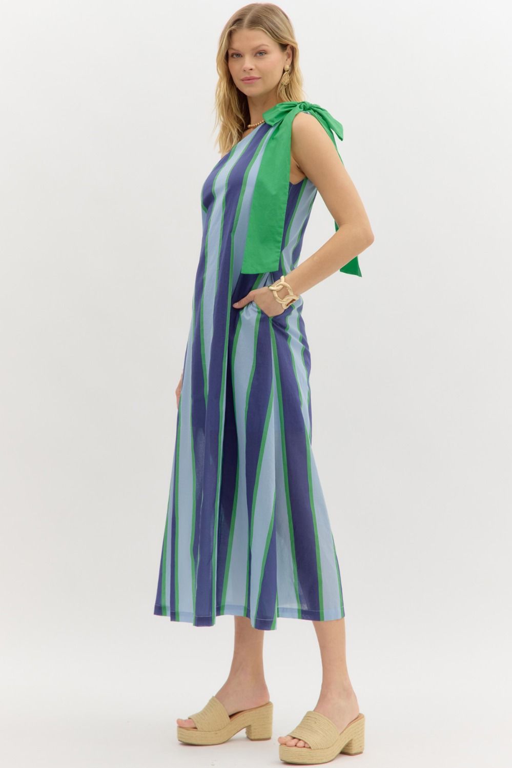 One Shoulder Blue & Green Striped Dress - Lolo Viv Boutique