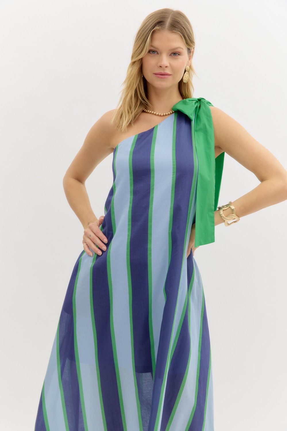 One Shoulder Blue & Green Striped Dress - Lolo Viv Boutique