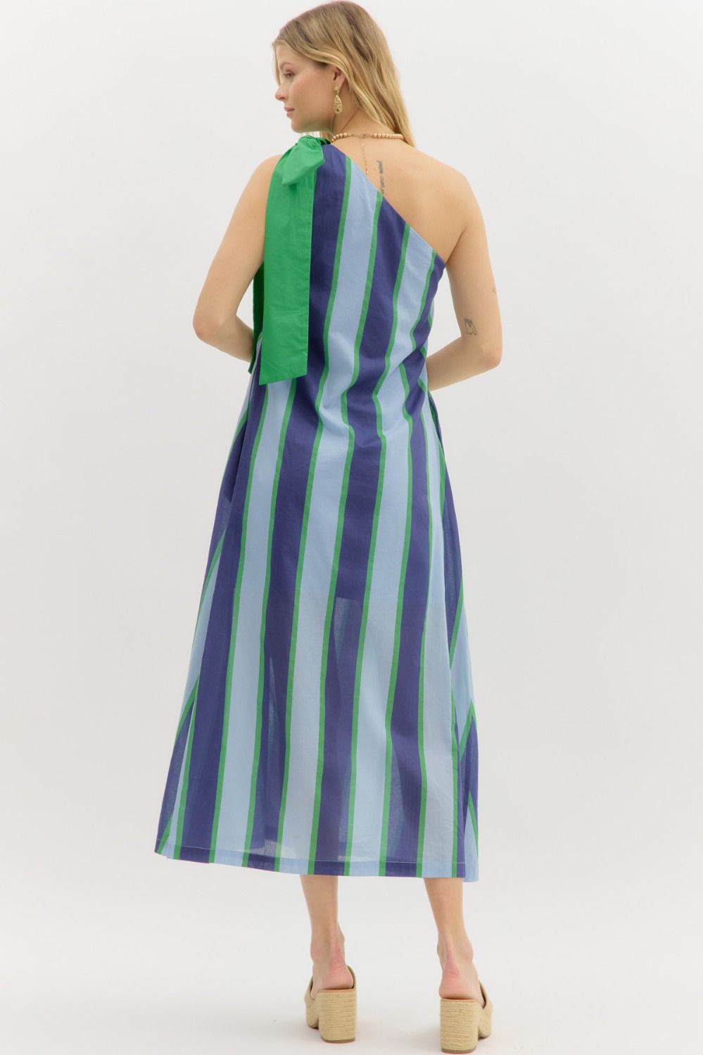 One Shoulder Blue & Green Striped Dress - Lolo Viv Boutique