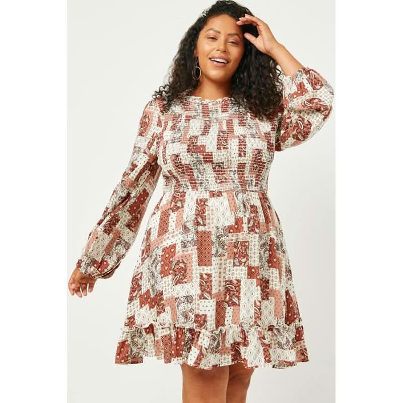 Patchwork Print Smocked Dress - Curvy - Lolo Viv Boutique