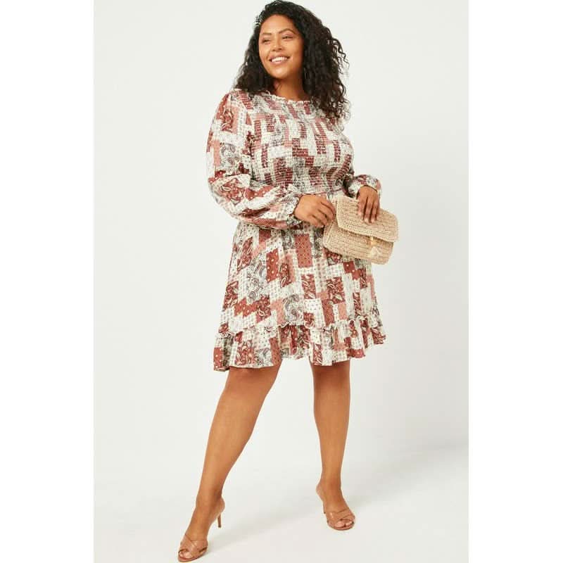 Patchwork Print Smocked Dress - Curvy - Lolo Viv Boutique