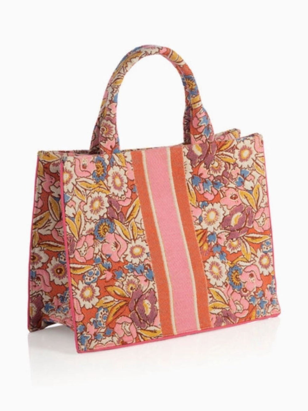 Pink and Orange Floral Tote with Racer Stripe - Lolo Viv Boutique