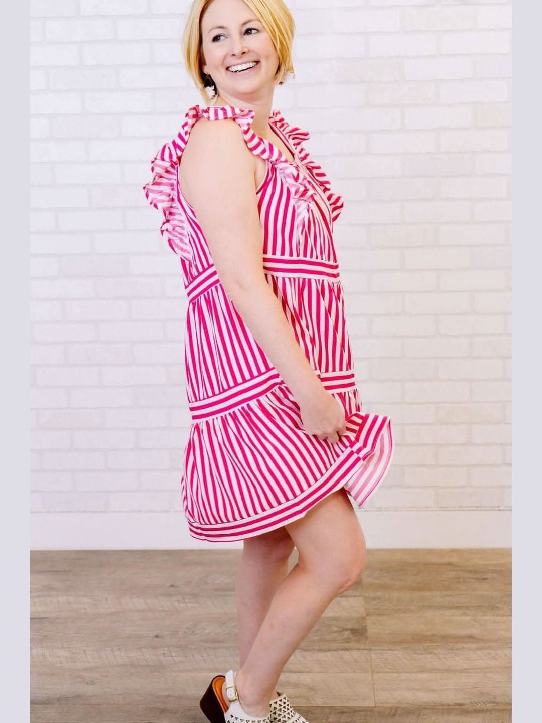 Pink and White Striped Dress with Flutter Sleeves - Lolo Viv Boutique