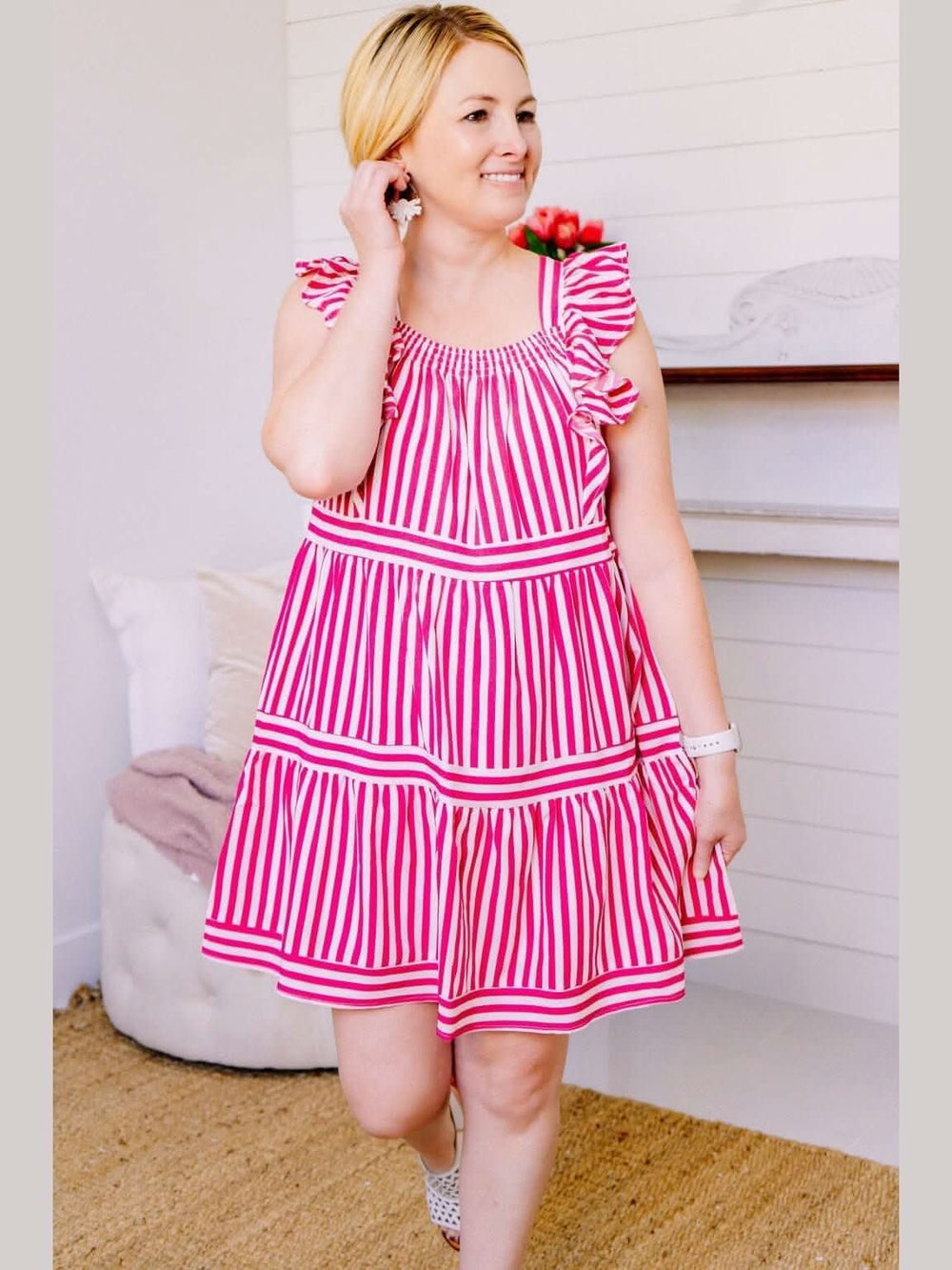 Pink and White Striped Dress with Flutter Sleeves - Lolo Viv Boutique