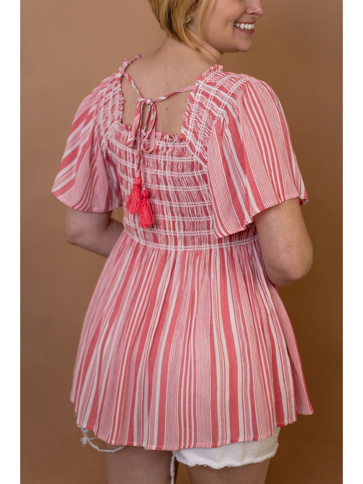 Pink and White Striped Smocked Top - Lolo Viv Boutique