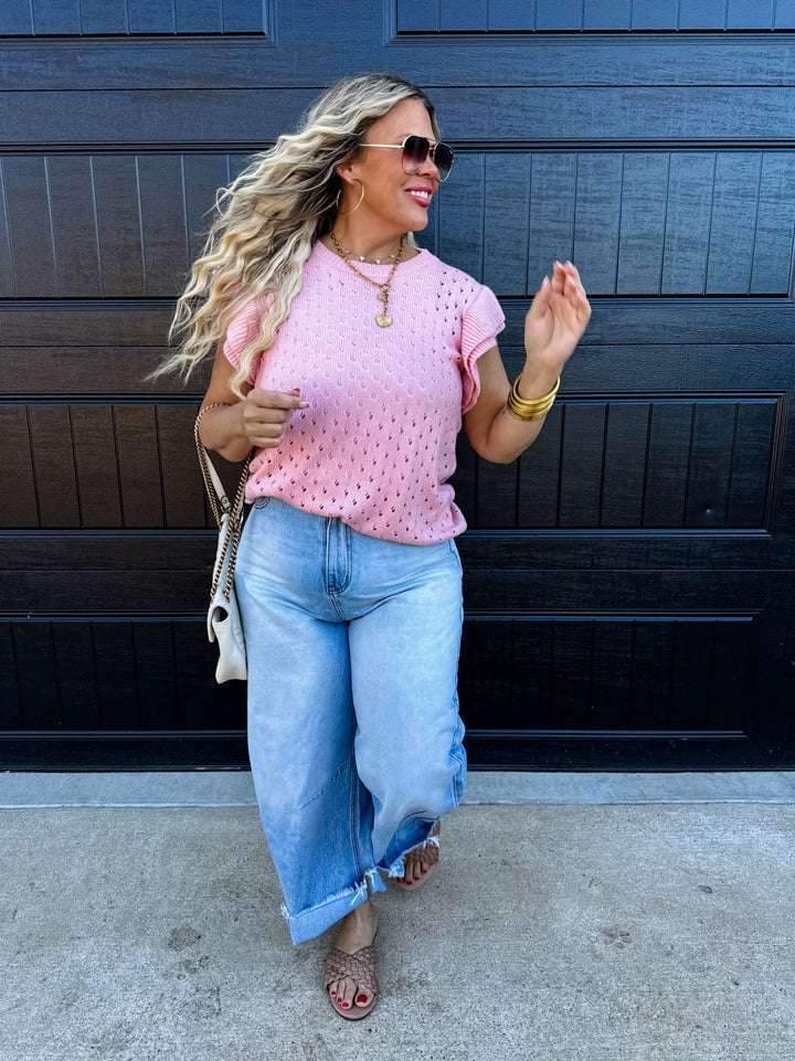Pink Ruffle Sleeve Knit Sweater - Curvy - Lolo Viv Boutique
