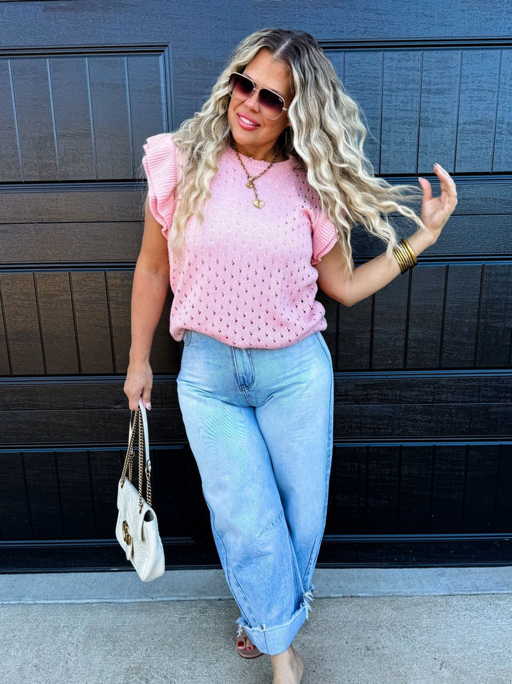 Pink Ruffle Sleeve Knit Sweater - Curvy - Lolo Viv Boutique