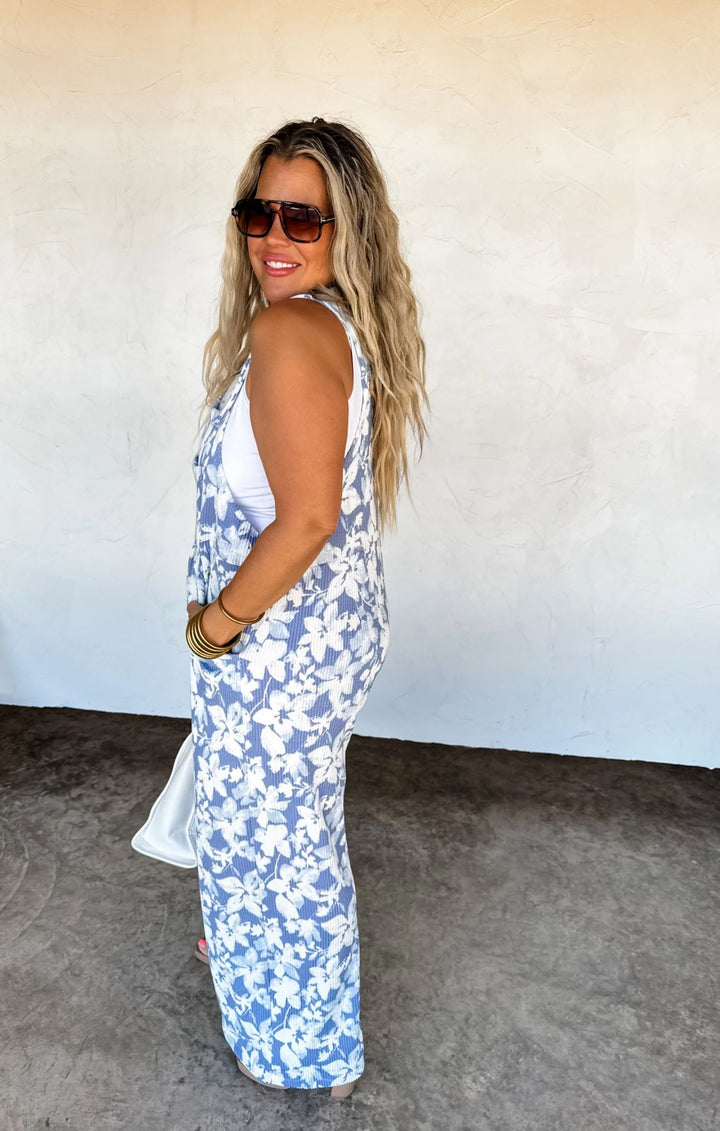 *PREORDER* Blue Floral Ribbed Overalls - Reg & Curvy - Lolo Viv Boutique