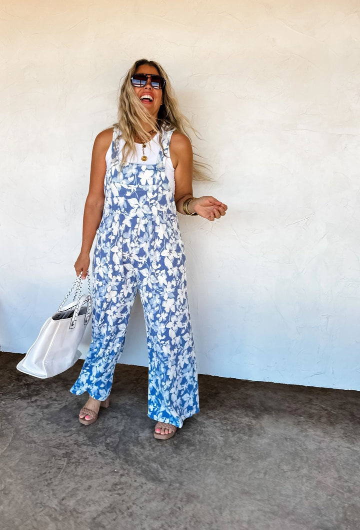 *PREORDER* Blue Floral Ribbed Overalls - Reg & Curvy - Lolo Viv Boutique