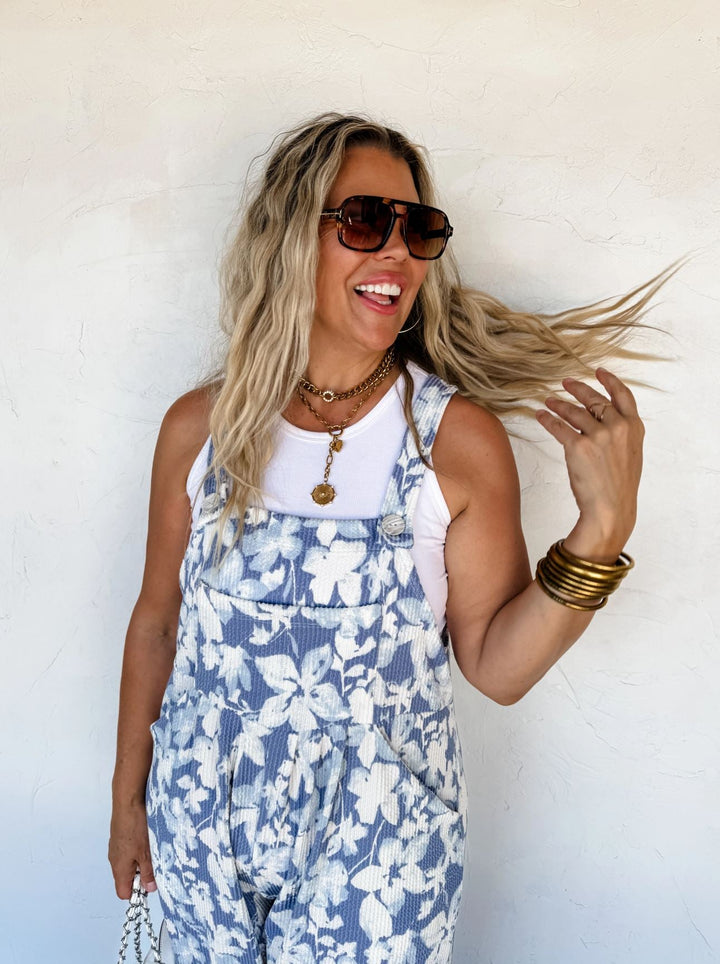*PREORDER* Blue Floral Ribbed Overalls - Reg & Curvy - Lolo Viv Boutique