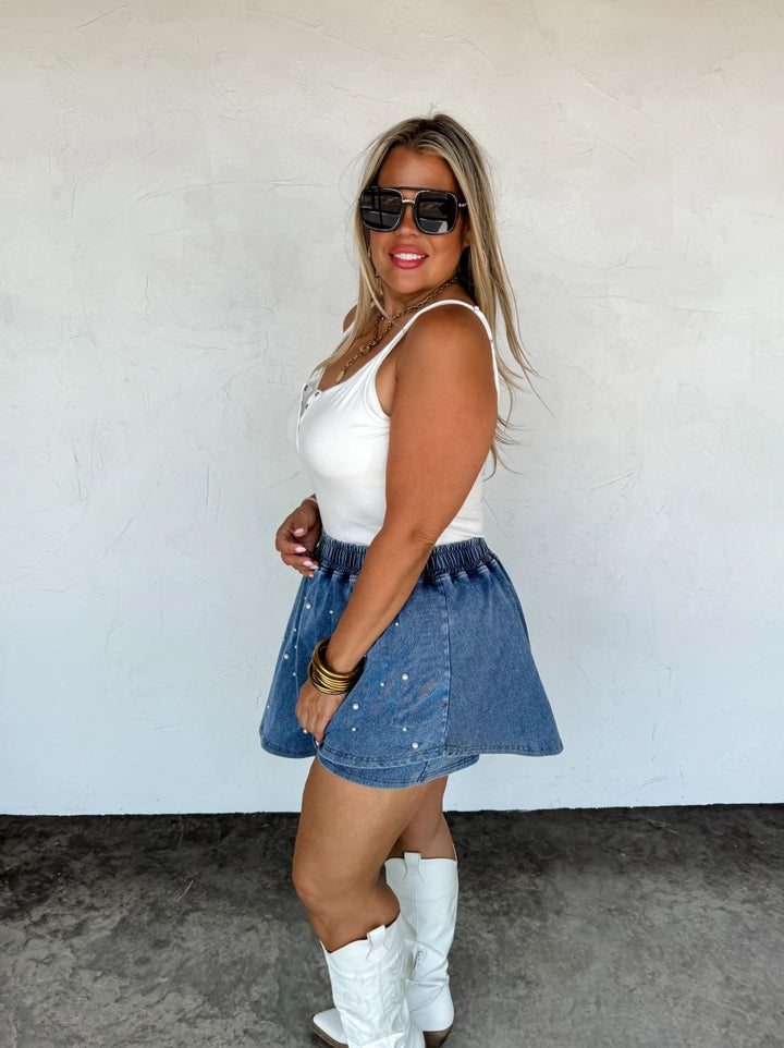 *PREORDER* Pearl Denim Skort - Reg & Curvy - Lolo Viv Boutique