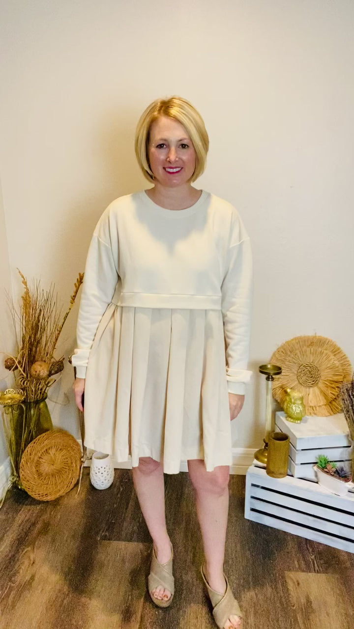 Sweatshirt Dress with Pleated Bottom Detail