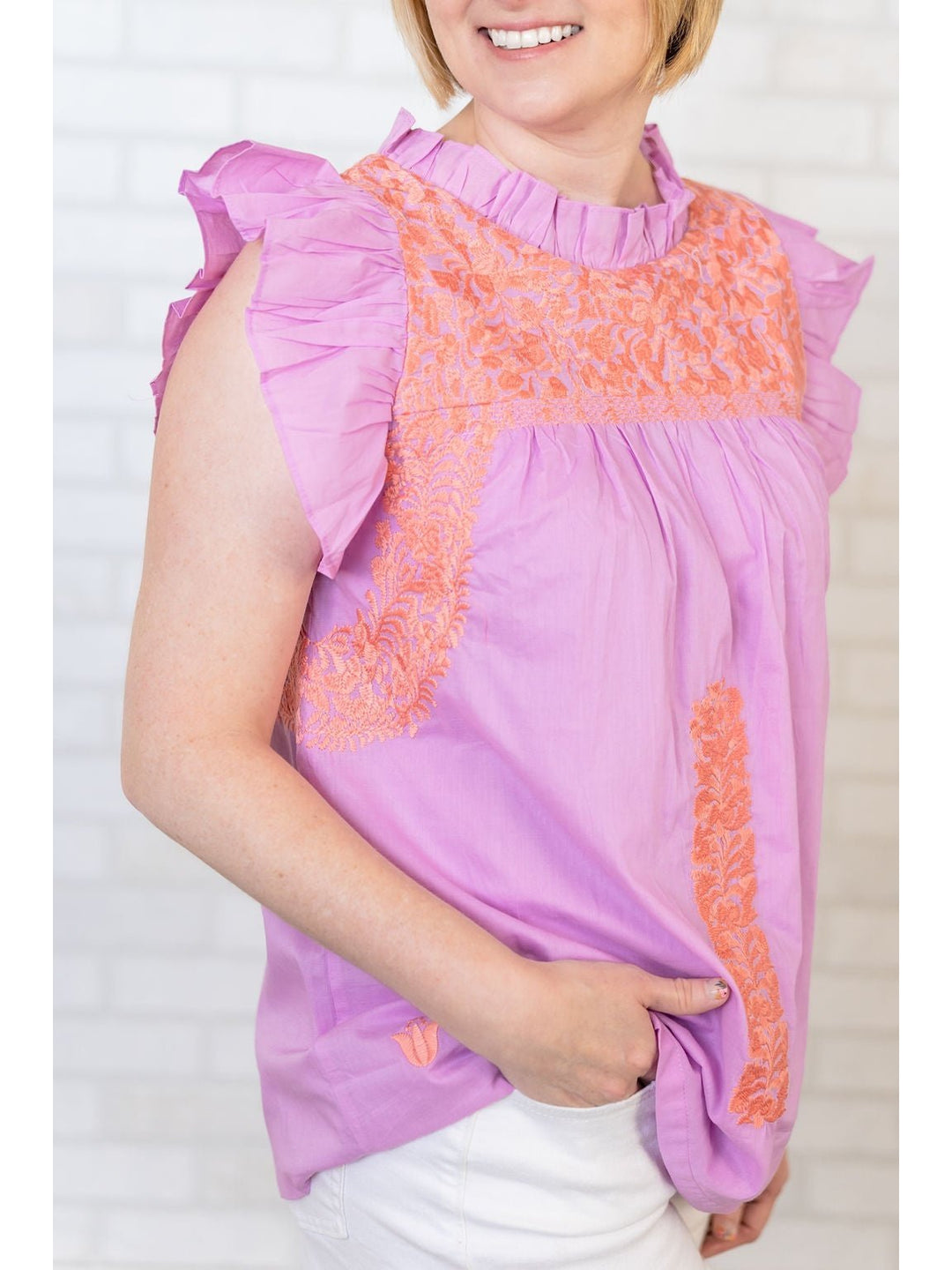 Purple and Coral Ruffle Embroidered Top - Lolo Viv Boutique